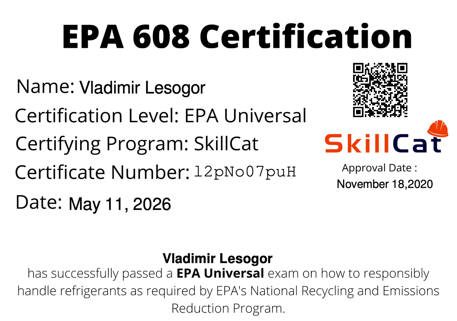 EPA Section 608 Universal certificate issued to Vladimir Lesogor by SkillCat