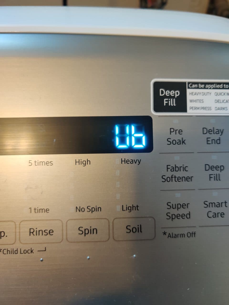 Washer showing the UB (unbalanced) code: Samsung washer, model WA50R5400AW (washer repair in Fort Lauderdale, FL, August 2026)