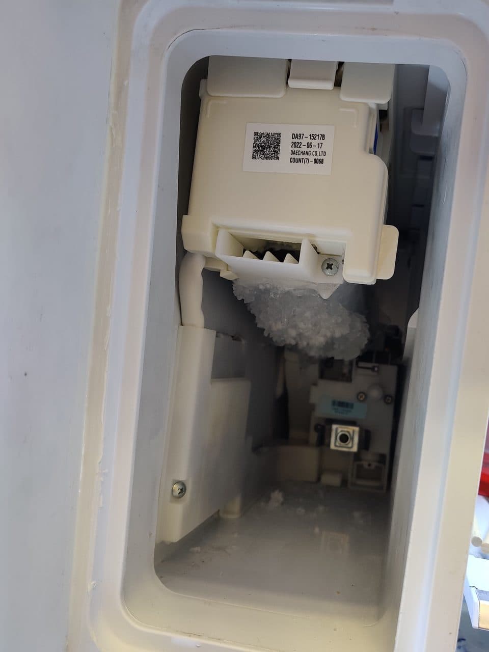 Ice maker compartment before cleaning: Samsung refrigerator, model RF28K9380SR (refrigerator repair in Palm Beach Gardens, FL, July 2026)