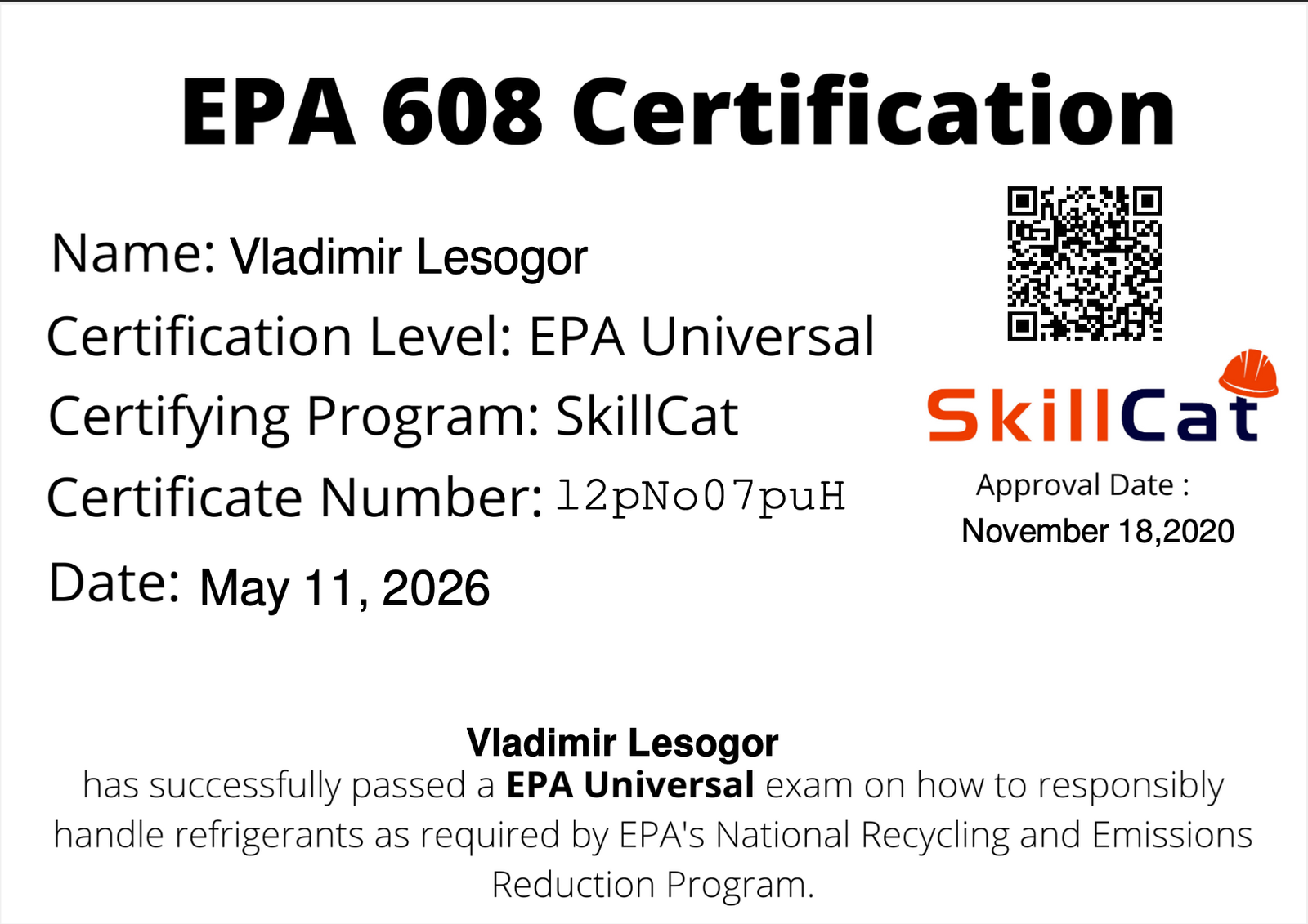 EPA Section 608 Certification